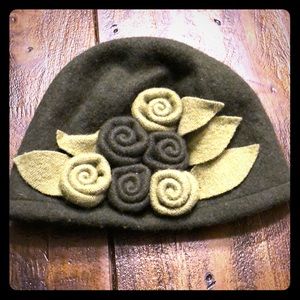 Vintage Olive Green 100% Wool Hat w Embellishments